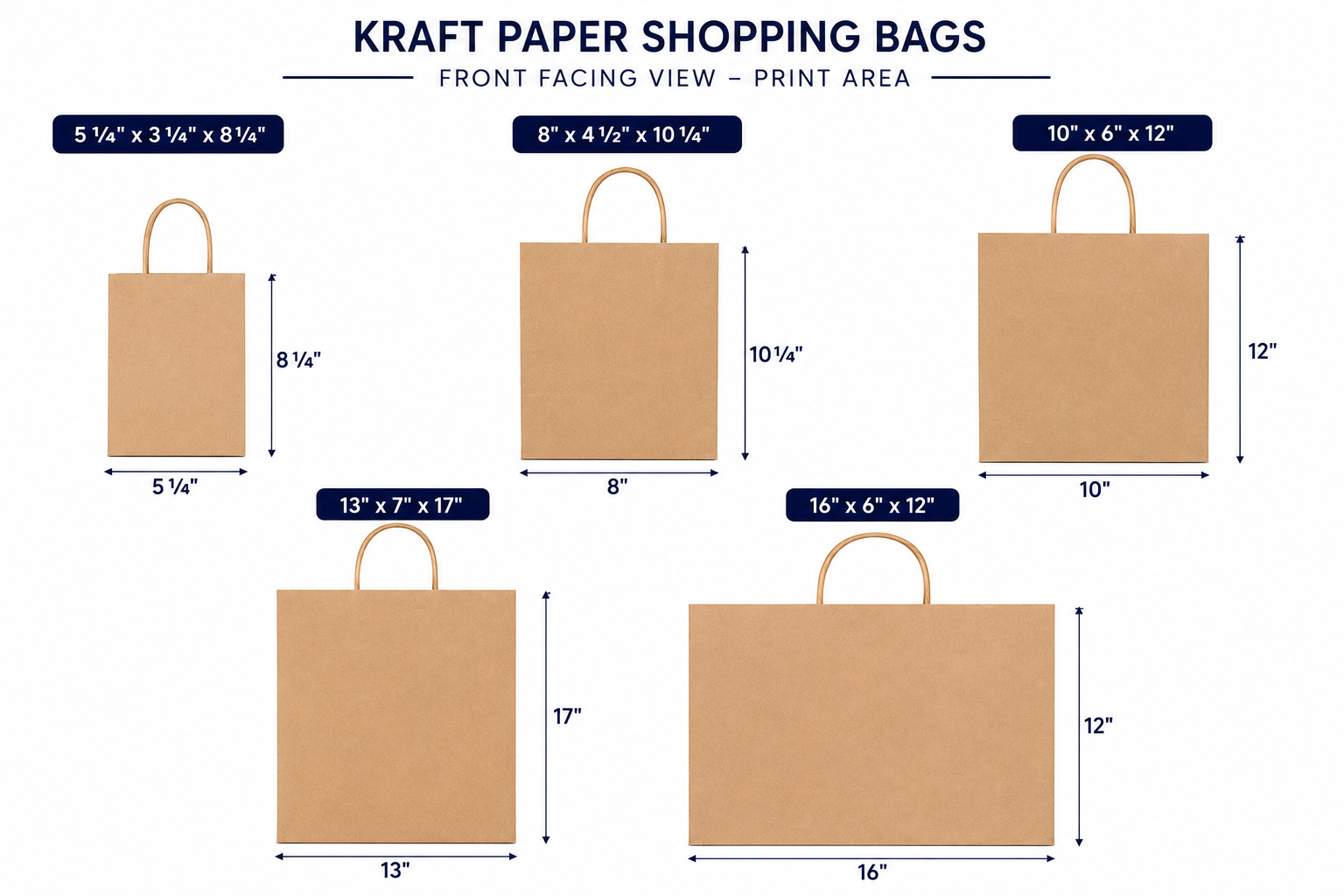 Front-facing kraft paper shopping bag size guide